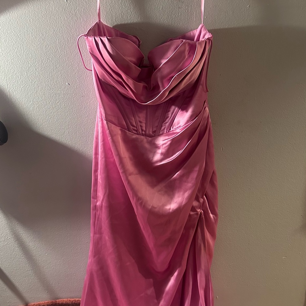 Pink Ruched Cowl Neck Prom Gown